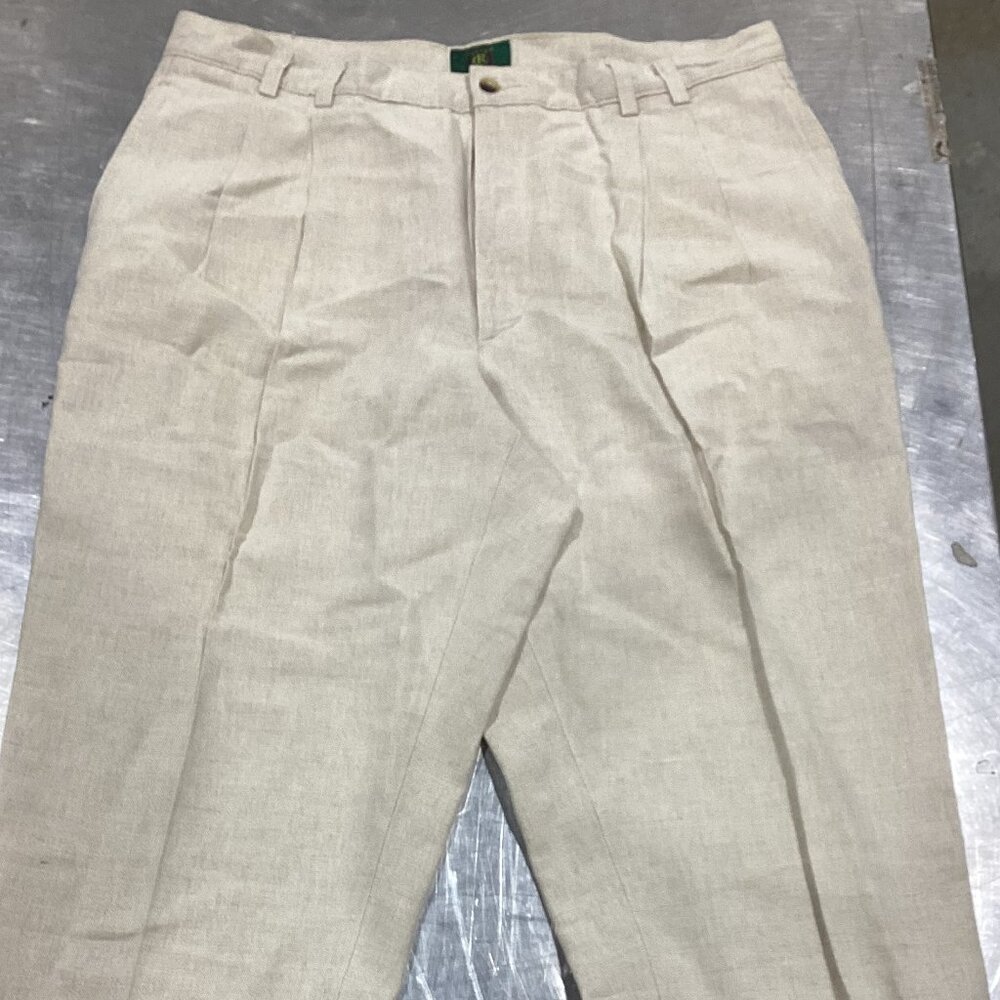 Men's Cream Linen Blend Pleated Dress Pants